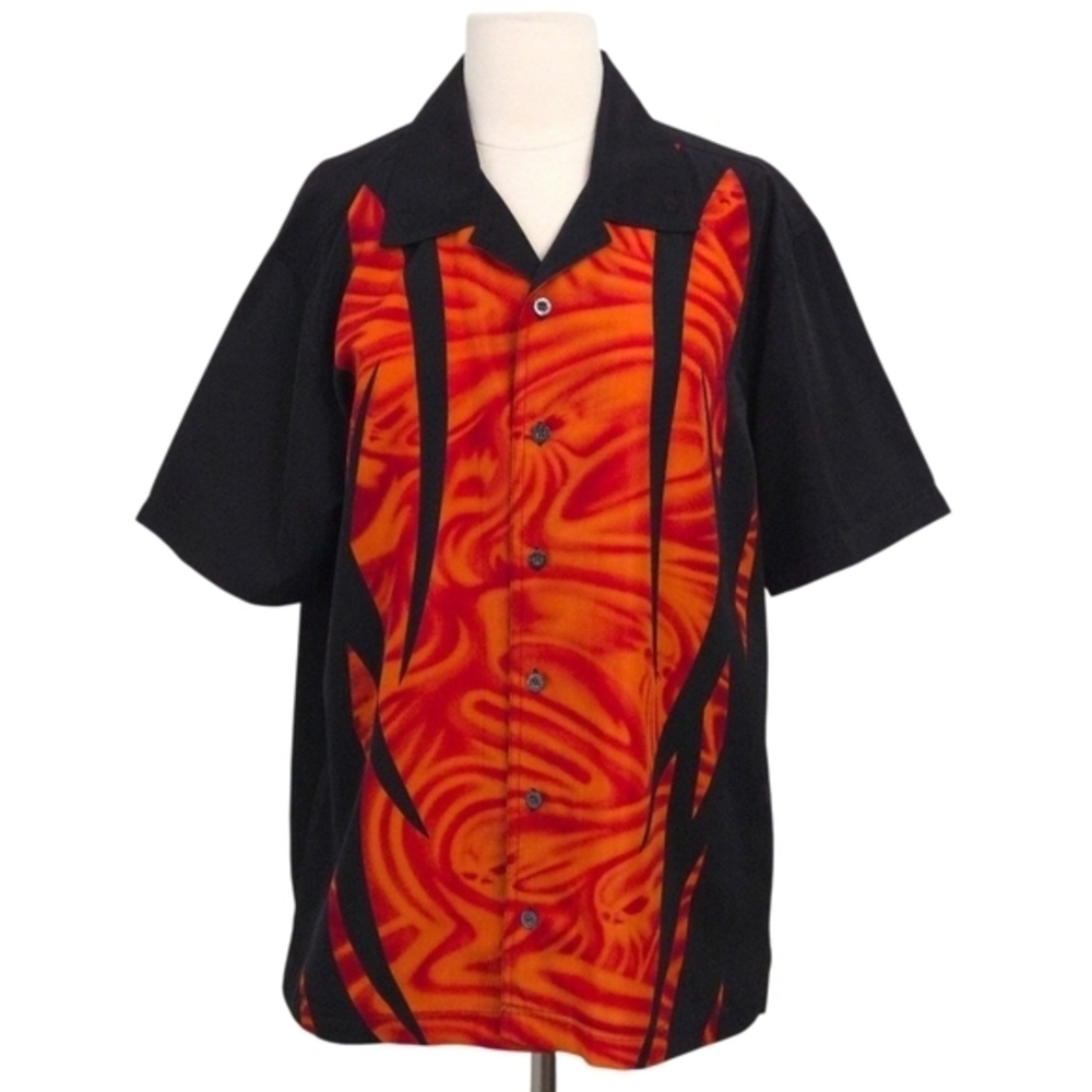 Harley Davidson Black Orange Flames Colorblock Button-Down Bowling Shirt- Men